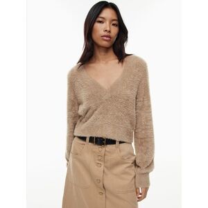 SUNDAY‎ BEST | Women's Kitten Fuzzy V-Neck Sweater Cropped Balloon Sleeves Large